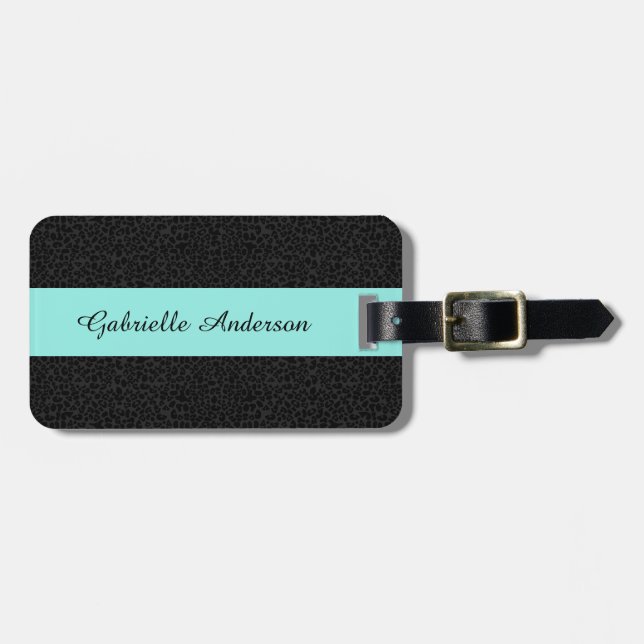 Moderner schwarzer Leopard Print Aqua Strip mit Na Gepäckanhänger (Vorderseite horizontal)