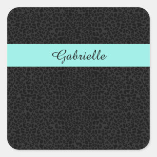 Moderner schwarzer Leopard Print Aqua Strip mit Na Quadratischer Aufkleber