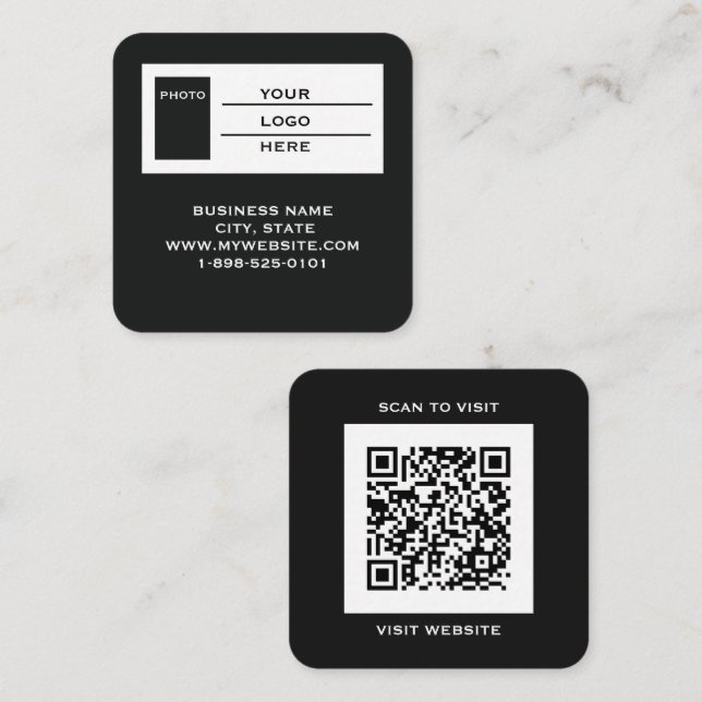 Moderner schwarzer Logo-QR-Code-Scan-Website-Quadr Quadratische Visitenkarte (Vorne/Hinten)