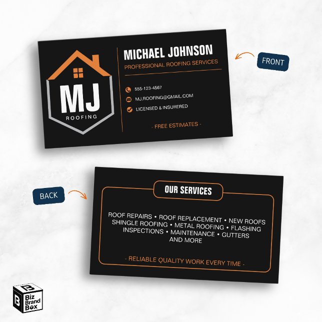 Moderner Schwarzer Professioneller Dachdecker Visitenkarte (Modern Black Professional Roofing Contractor Business Card)
