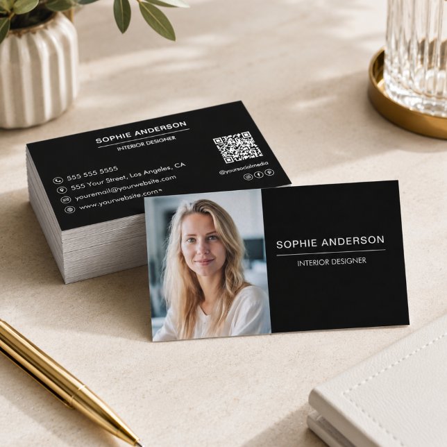 Moderner schwarzer professioneller Foto-QR-Code Visitenkarte (Modern Black Professional Photo QR Code Business Card)