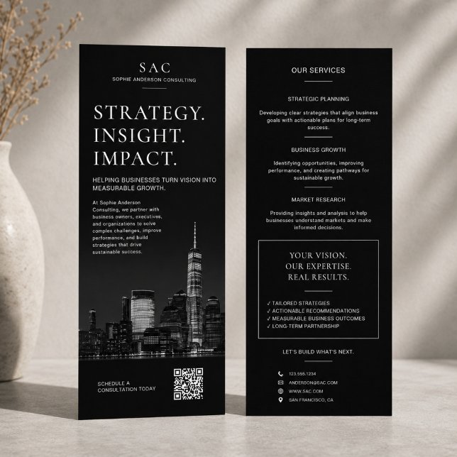Moderner Schwarzer QR-Code Professional Consultant Werbekarte (Modern Black QR Code Professional Consultant Rack Card)