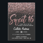 Moderner Schwarzer Rose Gold Scattered Glitzer Swe Einladung<br><div class="desc">Dieses einzigartige und hübsche Sweet 16-Einladungs-Design bietet Imitats, die glamourös funkelnd Rose Gold, handgeschriebene Pinseltypografie und verstreuten Glitzer in einem ombre Farbverlauf auf einem schwarzen Hintergrund gedruckt. Auf der Rückseite sieht man einen großen Chic, Glitzer Nummer 16. Dieses elegante, stilvolle und künstlerische Design ist perfekt für das moderne Geburtstagsmädchen. Machen...</div>