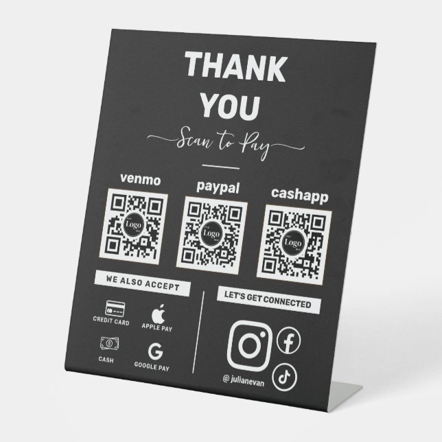 Moderner Schwarzer Scan zur Zahlung von 3 QR Codes Sockelschild (Vorderseite)