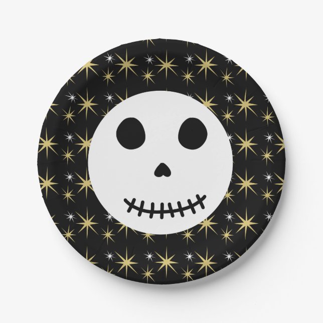 Moderner Schwarzer Spooky Halloween Skull Pappteller (Vorderseite)