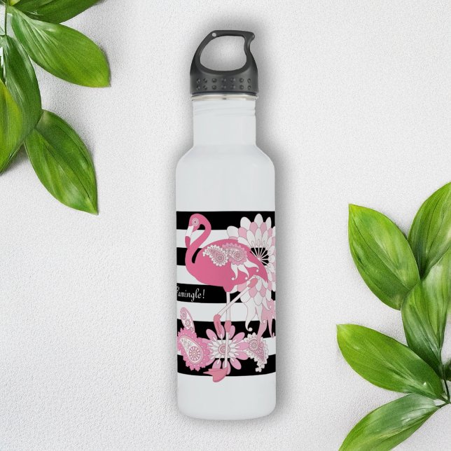 Moderner Schwarzer Streifen Paisley Pink Flamingo Edelstahlflasche (Von Creator hochgeladen)