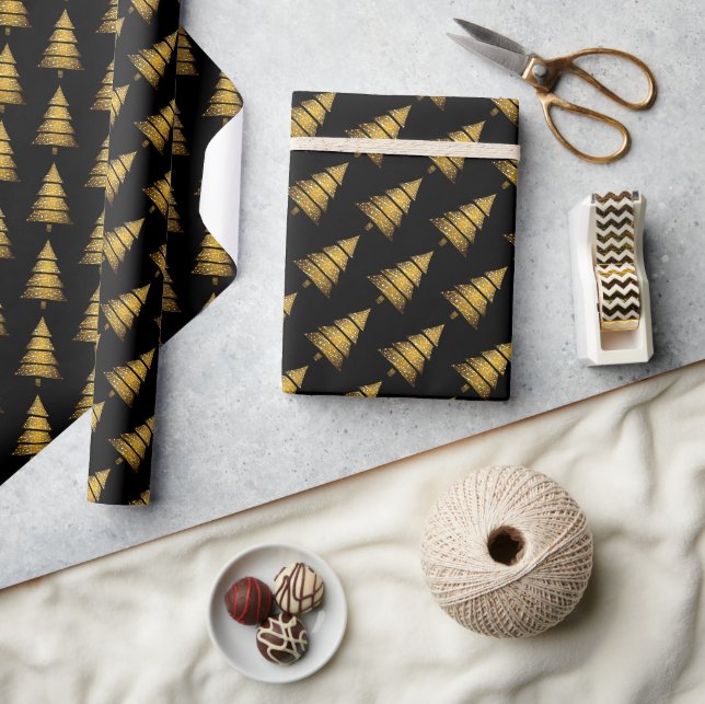 Moderner schwarzer Weihnachtsbaum mit goldenem Dek Geschenkpapier (Kunsthandwerk)