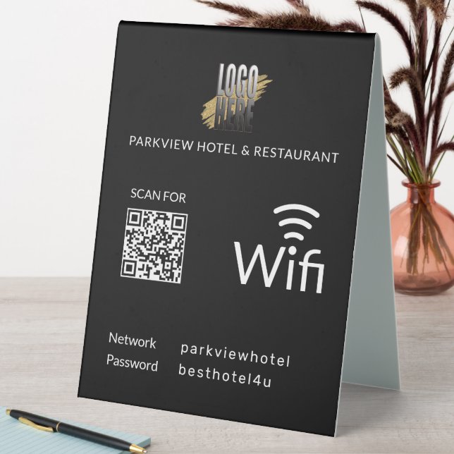 Moderner schwarzer Wifi-QR-Code mit Ihrem Firmenlo Tischaufsteller (In Situ (Tisch))