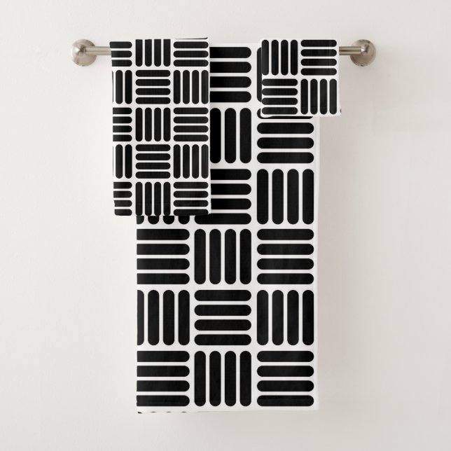 Moderner Schwarzweiss-Basketweave inspirierter Badhandtuch Set (Insitu)