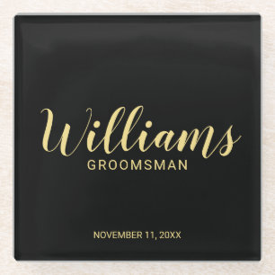 Moderner Script Black&Gold Personalisierter Trauze Glasuntersetzer