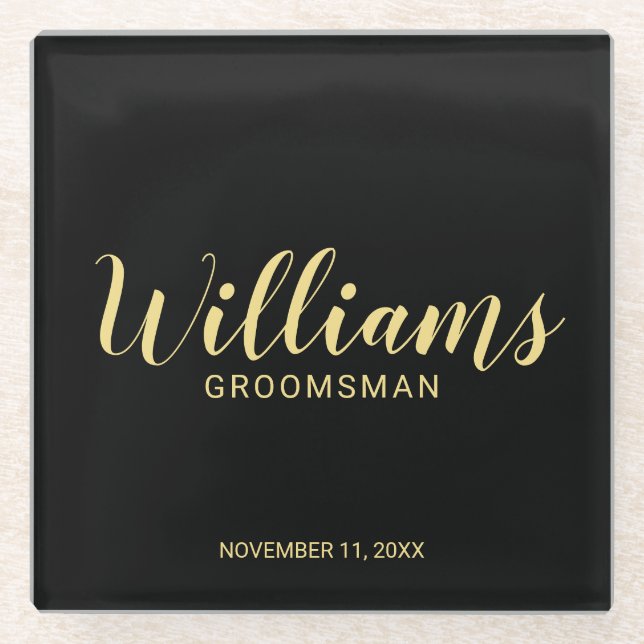 Moderner Script Black&Gold Personalisierter Trauze Glasuntersetzer (Vorderseite)