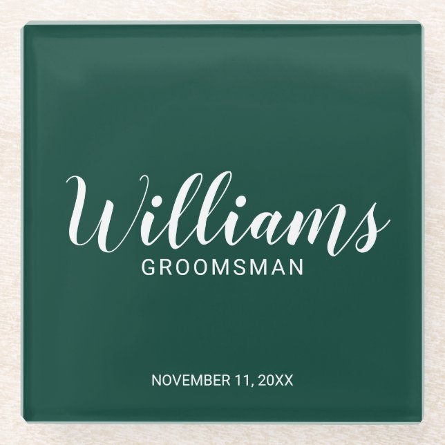 Moderner Script Emerald Green Personalisiert Trauz Glasuntersetzer (Vorderseite)
