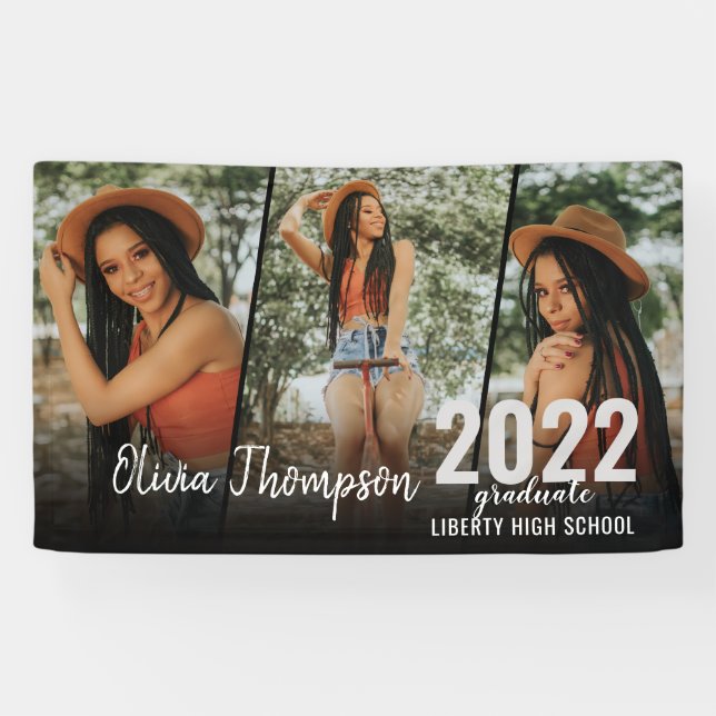 Moderner Script Foto Collage Black Abschluss Banner (Horizontal)