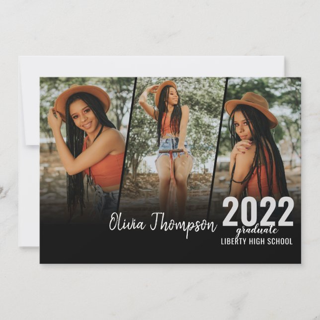 Moderner Script Foto Collage Black Abschluss Einladung (Vorderseite)