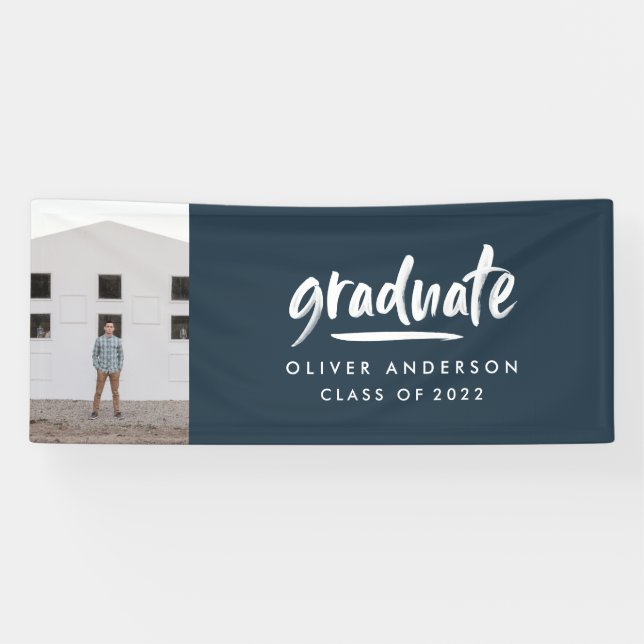 Moderner Script Foto Marine blauer Abschluss Banner (Horizontal)