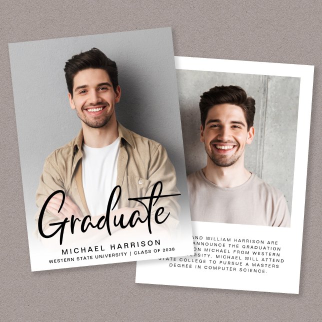 Moderner Script-Foto-Overlay-Abschluss Ankündigung (A modern photo collage graduation announcement to celebrate the graduate's achievements)