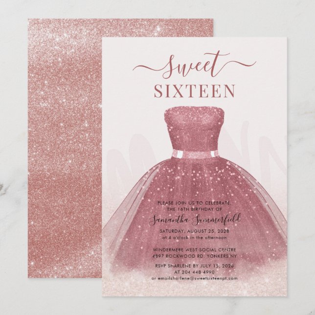 Moderner Script Glitzer Sweet 16 Rose Gold Einladung (Vorne/Hinten)