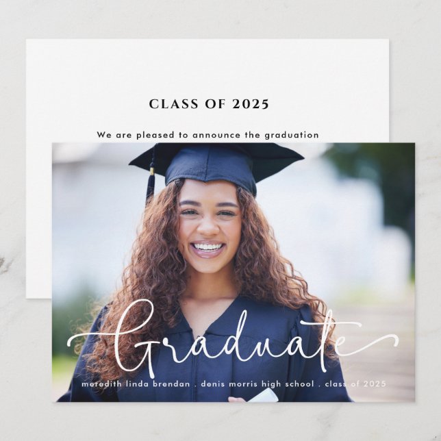 Moderner Script Graduate Foto Abschluss Ankündigung (Vorne/Hinten)