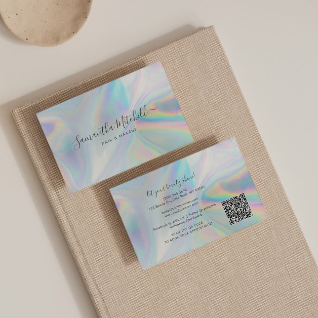 Moderner Script QR Code Holographic Beautician Sal Visitenkarte (Von Creator hochgeladen)