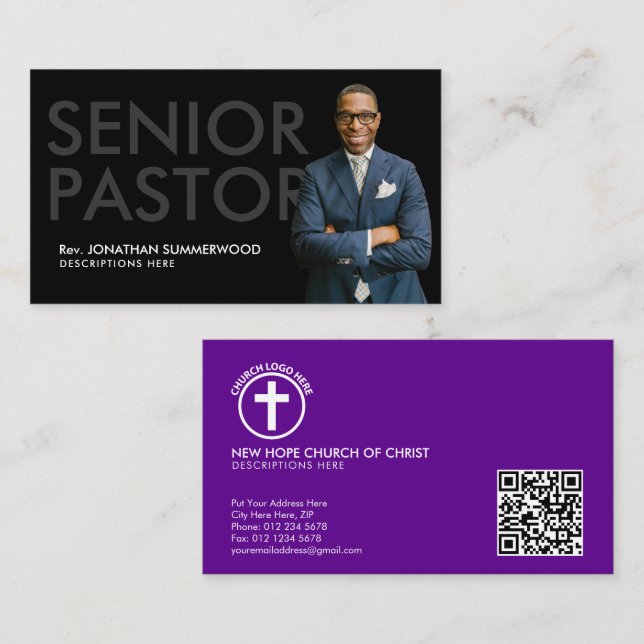 Moderner Senior Pastor mit Foto Black Visitenkarte (Vorne/Hinten)