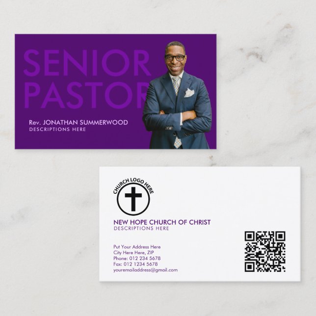 Moderner Senior Pastor mit Foto Lila Visitenkarte (Vorne/Hinten)