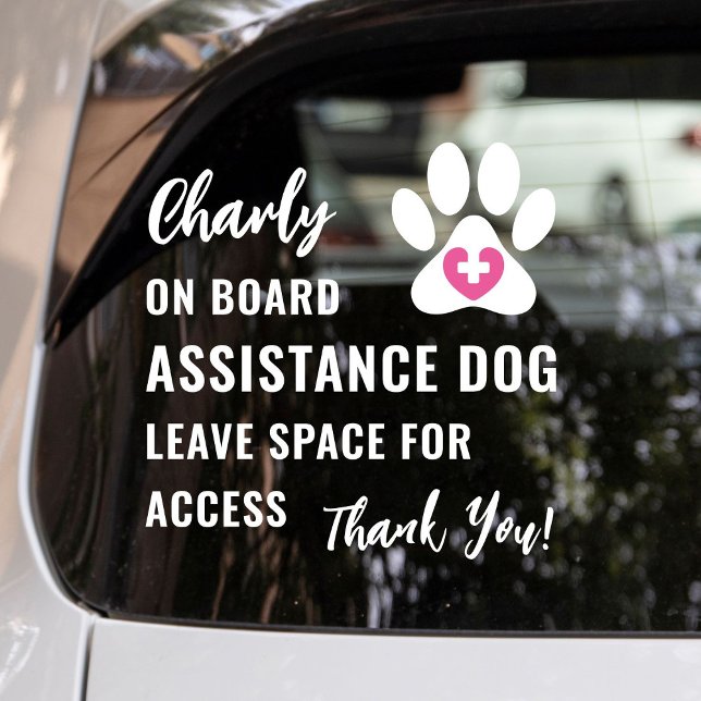 Moderner Service Hund an Bord rosa medizinisches L Fensteraufkleber (Service dog, emotional support dog or therapy dog on board car window cling with pink medical logo.)