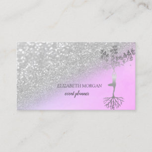 Moderner Silber Glitter Bokeh Baum Frauen Silhouet Visitenkarte