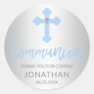 Moderner silberner blauer Quer-KOMMUNION Junge Runder Aufkleber