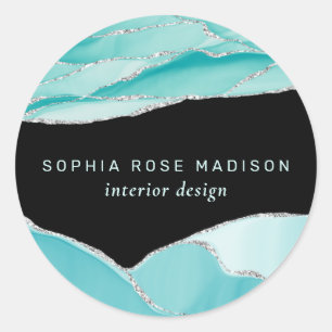 Moderner Silberner Glitzer Agate Aquamarine Farbe Runder Aufkleber