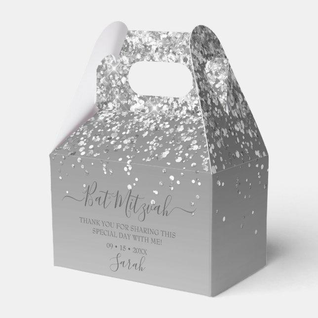 Moderner Silberner Glitzer Bat Mitzvah Geschenkschachtel (Vorderseite)