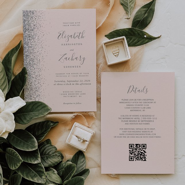 Moderner Silberner Glitzer Blush Pink QR Code Hoch Einladung (Von Creator hochgeladen)