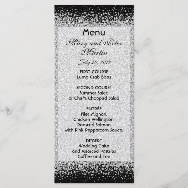 Moderner Silberner Glitzer und Schwarz Menükarte (Vorderseite)