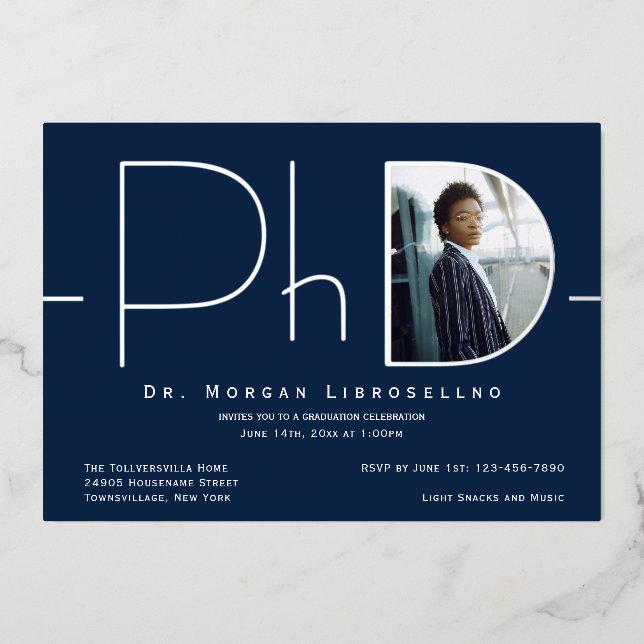 Moderner Silver Foto PhD-Abschluss Folieneinladung (Vorderseite)