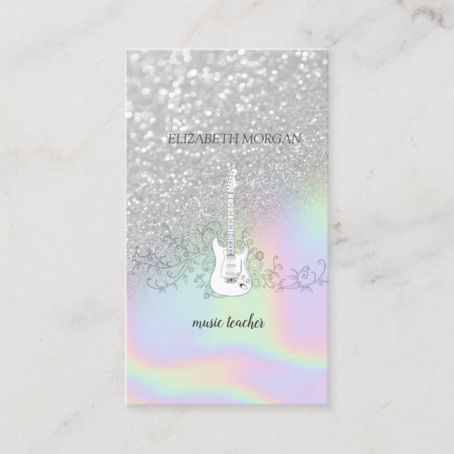 Moderner Silver Glitzer Bokeh, Gitarre, Holografie Visitenkarte (Vorderseite)