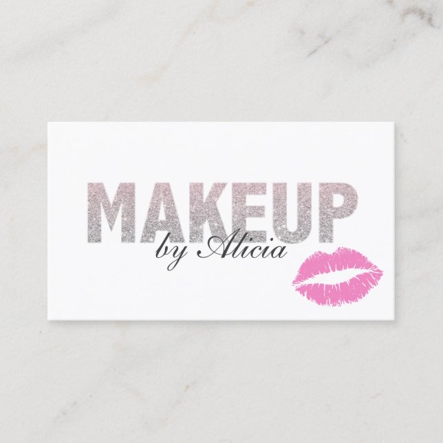 Moderner Silver Glitzer Text Rosa Lippen Makeup Kü Visitenkarte (Vorderseite)