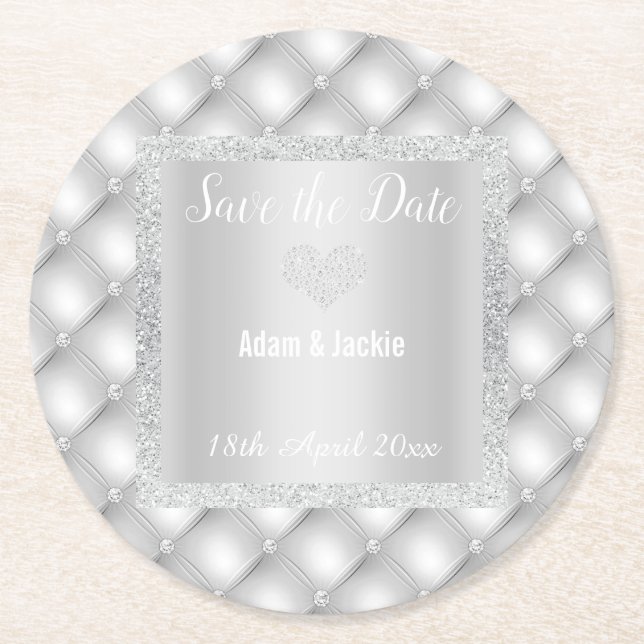 MODERNER SILVER GRAY DIAMOND-SAVE THE DATE UNTERSE RUNDER PAPPUNTERSETZER (Vorderseite)