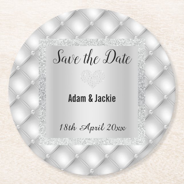 MODERNER SILVER GRAY DIAMOND-SAVE THE DATE UNTERSE RUNDER PAPPUNTERSETZER (Vorderseite)