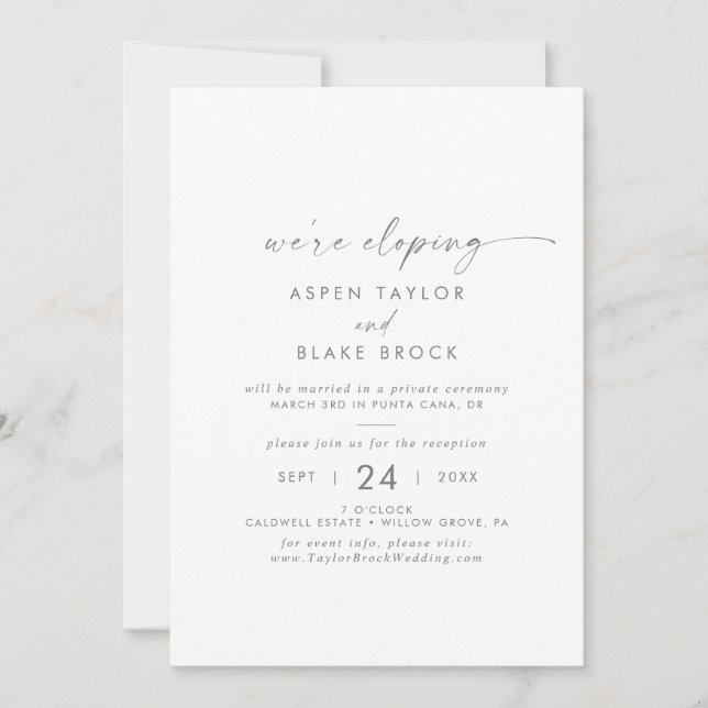 Moderner Silver Script Elopement Empfang Einladung (Vorderseite)