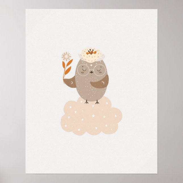 Moderner Skandi niedlicher Vogel auf Cloud-Kinderz Poster (Vorne)