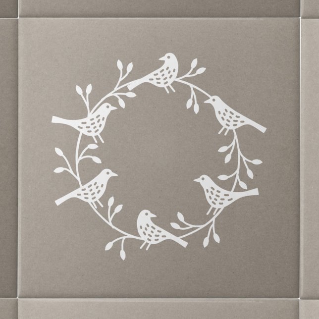 Moderner skandinavischer Vogel und Rosehip Wreath Fliese (White Scandinavian bird wreath ceramic tile)