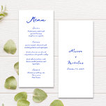 Moderner Sleek Bright Blue Handwriting Schriftart  Menükarte<br><div class="desc">Dieses köstliche Hochzeitsmenü bietet einen skurrilen und spielerisch handgeschriebenen Script-Schriftart in atemberaubenden Blau-Tönen. Die perfekte Ergänzung zu jeder lustigen und lebendigen Hochzeitsfeier,  kann dieses Menü auf Ihre persönlichen Vorlieben angepasst werden.</div>