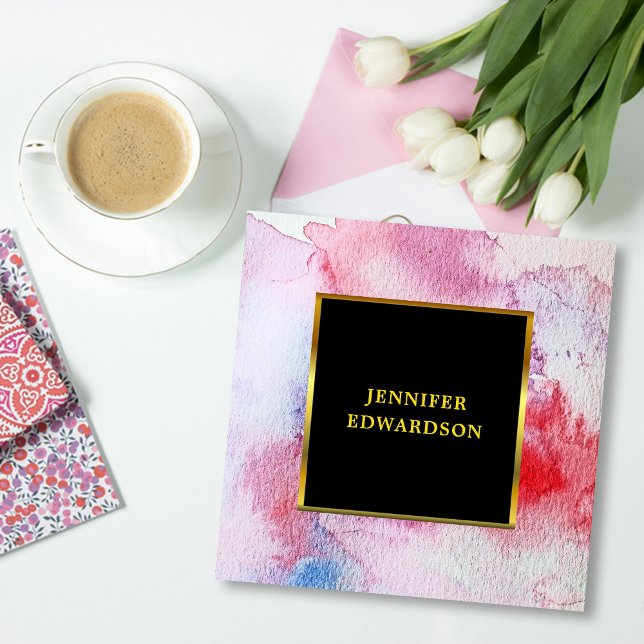 Moderner Spritzer in Aquarellfarben beruflich Quadratische Visitenkarte (Modern elegant watercolor splatter black gold frame professional square business card.)