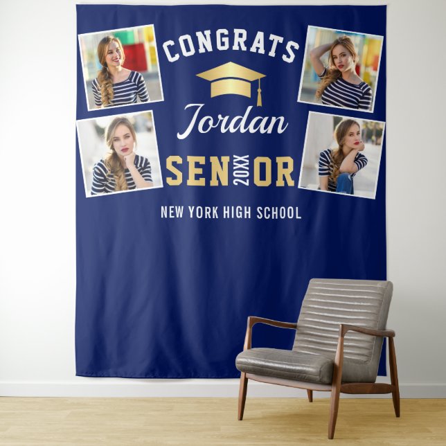 Moderner Stand des Golden Navy Abschluss Foto Wandteppich (Beispiel)