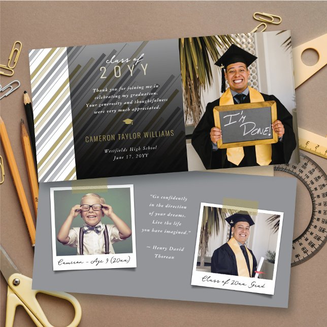 Moderner, stilvoller Gold Gray Stripes Foto Abschl Dankeskarte (Modern Gold & Grey Preppy Stripes Photo Classic Graduation Thank You Card @ zazzle.com/color_therapy)