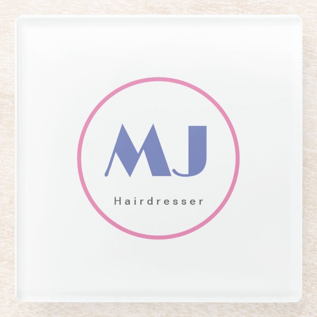 Moderner, stilvoller Monogram Blue White Friseur Glasuntersetzer (Vorderseite)
