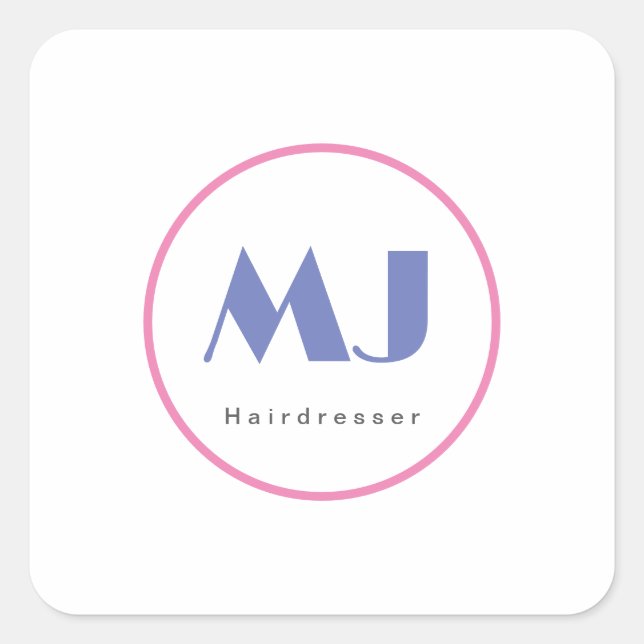 Moderner, stilvoller Monogram Blue White Friseur Quadratischer Aufkleber (Vorderseite)