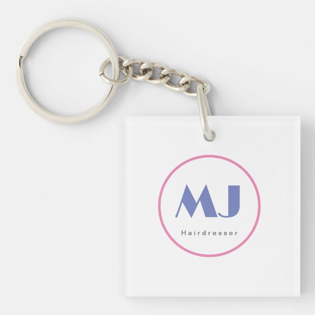 Moderner, stilvoller Monogram Blue White Friseur Schlüsselanhänger (Vorderseite)