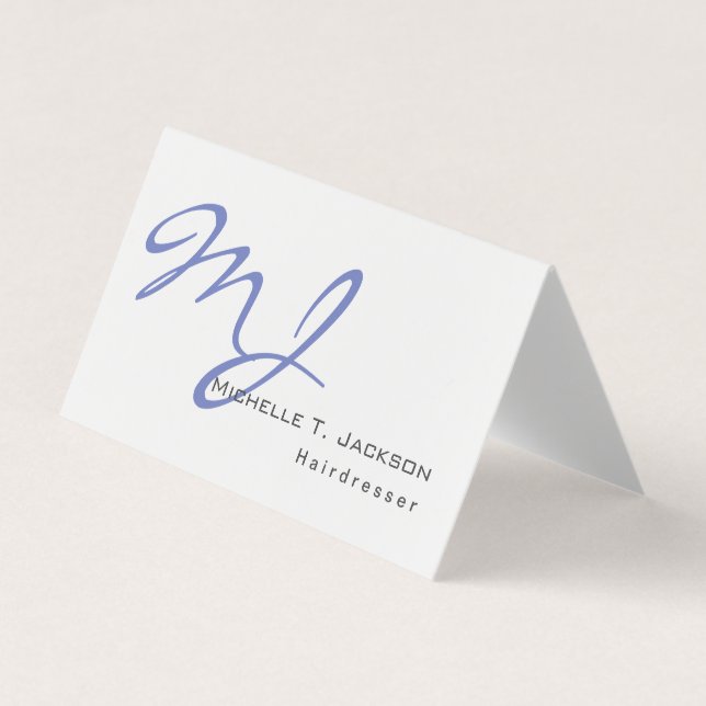 Moderner, stilvoller Monogram Blue White Friseur Visitenkarten (Vorderseite)