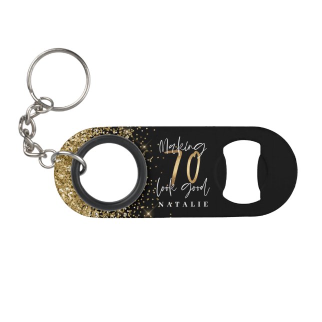 Moderner, stilvoller Schwarz & Gold Glitzer 70. Mini Flaschenöffner (Vorderseite (Horizontal))