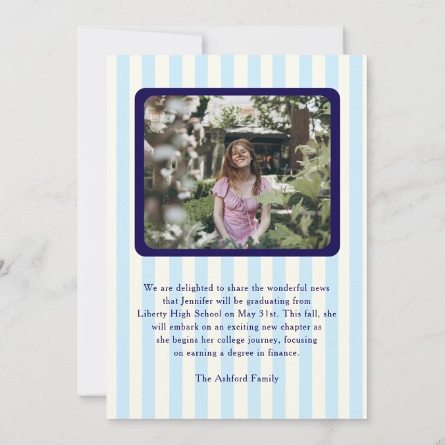 Moderner Stripes Navy Blue 2 Foto Abschluss Ankündigung (Rückseite)